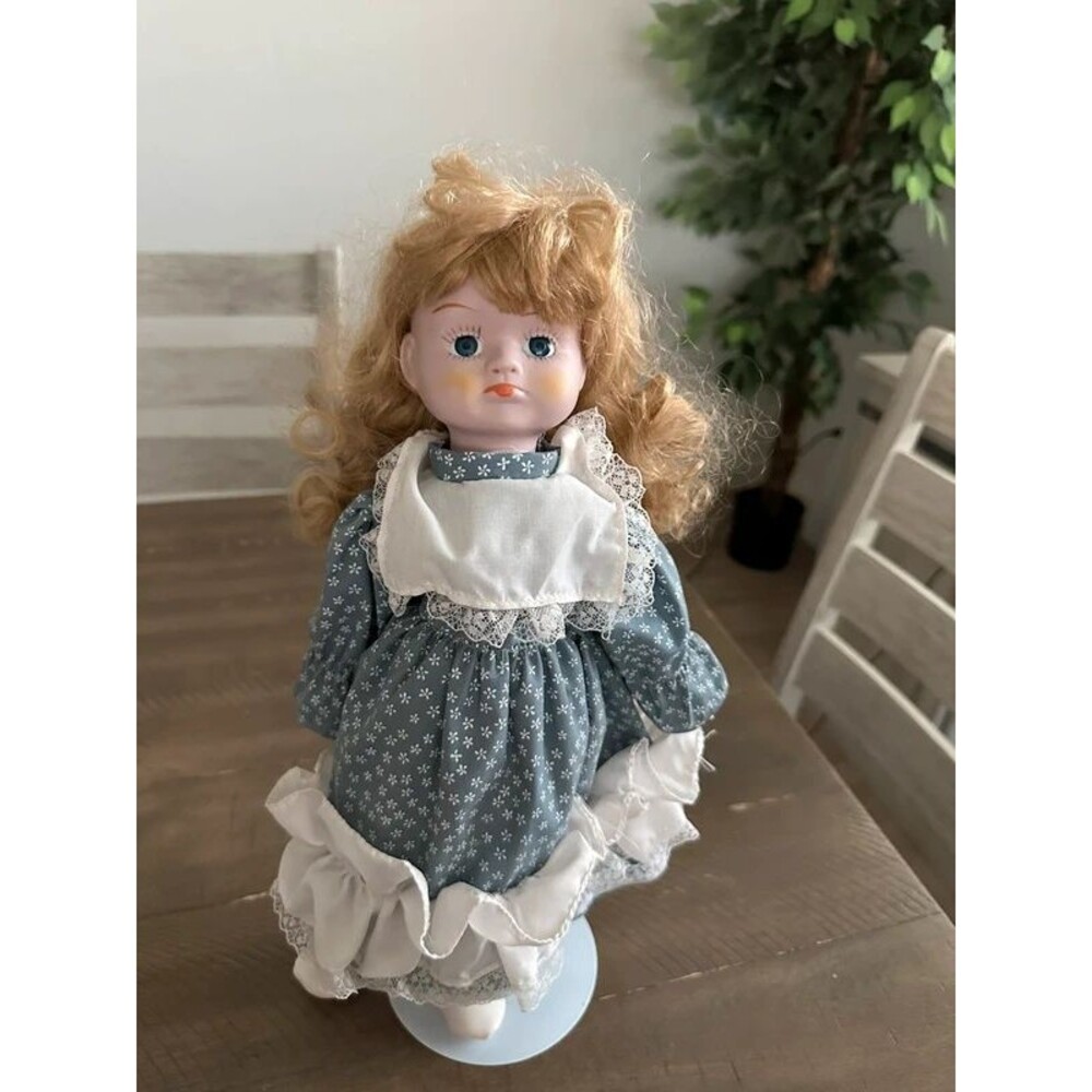 Vintage Porcelain Doll 15" Blue Floral Prairie Dress Blonde Hair Creepy Decor